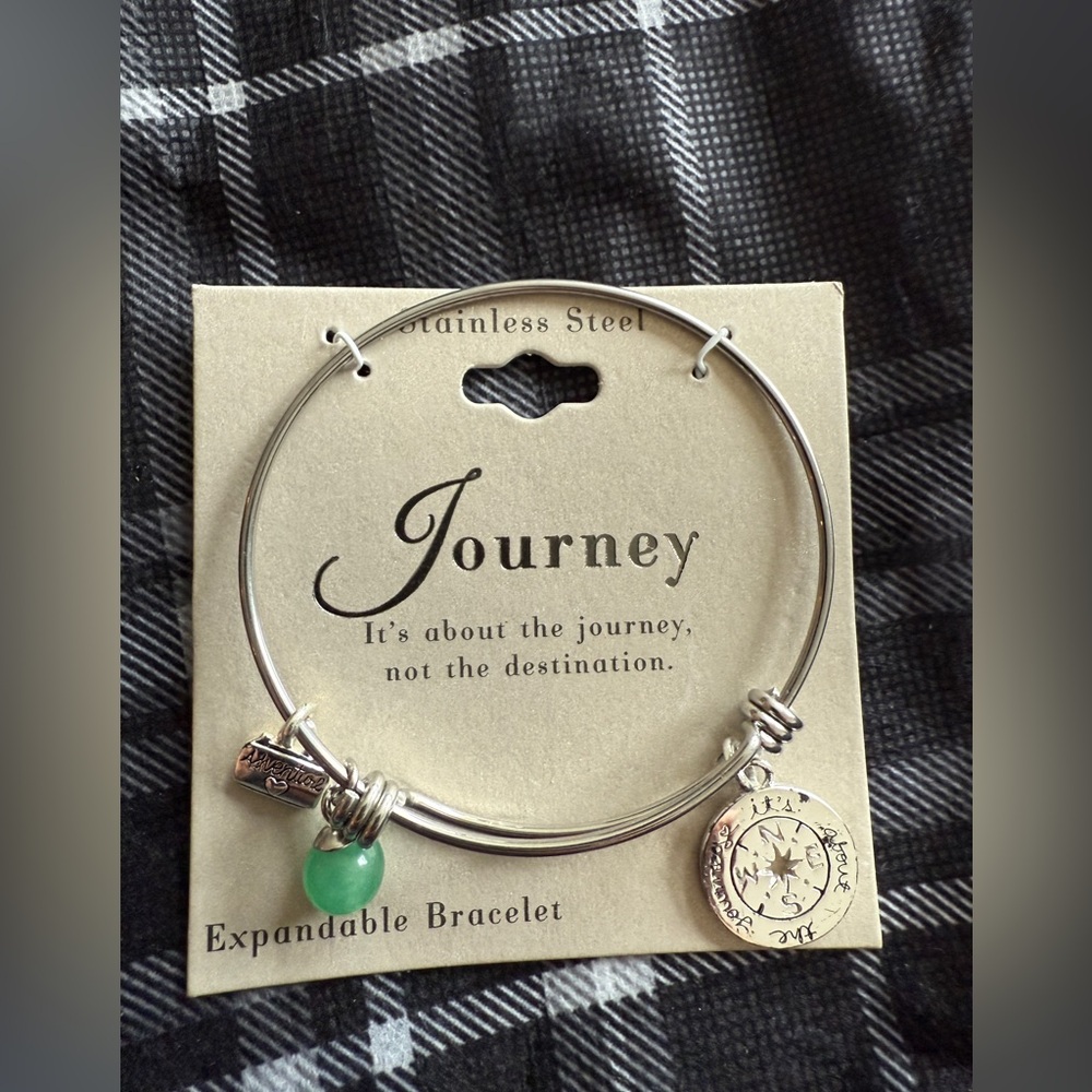 Stainless Steel Life's Moments Journey Charm Expandable Bracelet Jade Bead